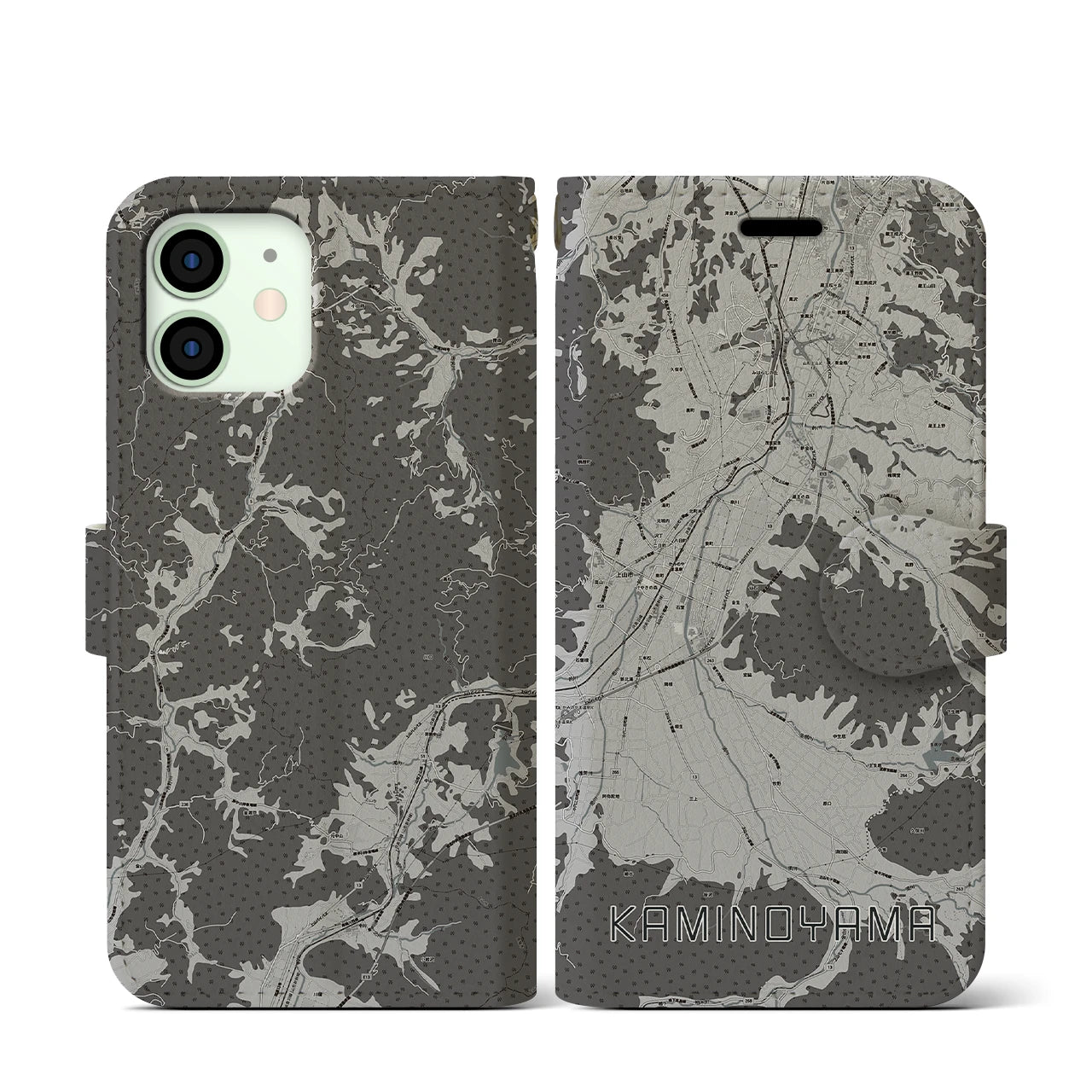 【上山(山形県)】地図柄iPhoneケース(手帳タイプ)モノトーン・iPhone 12 mini 用