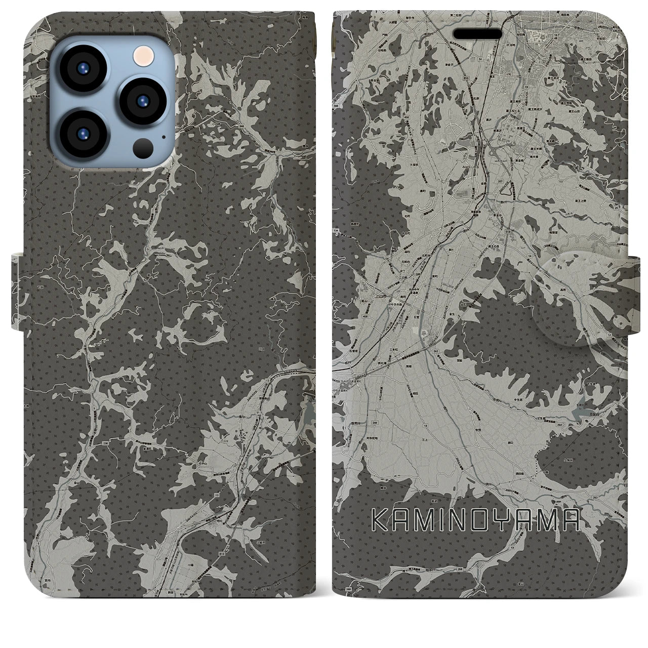 【上山(山形県)】地図柄iPhoneケース(手帳タイプ)モノトーン・iPhone 13 Pro Max 用