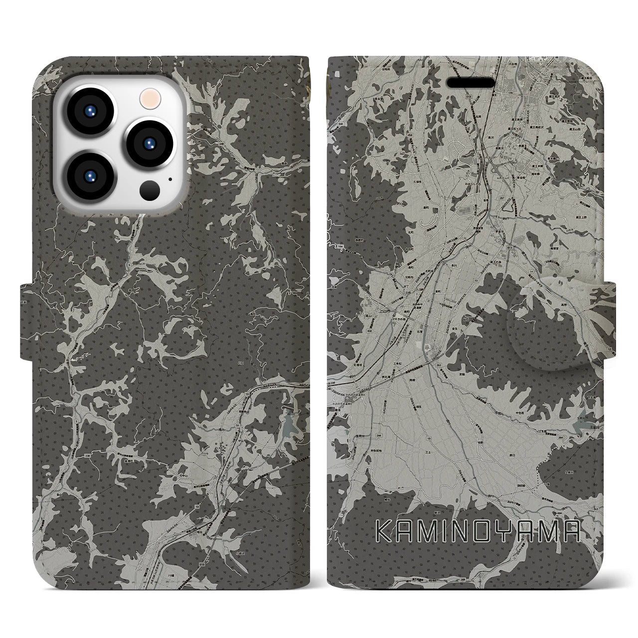 【上山(山形県)】地図柄iPhoneケース(手帳タイプ)モノトーン・iPhone 13 Pro 用
