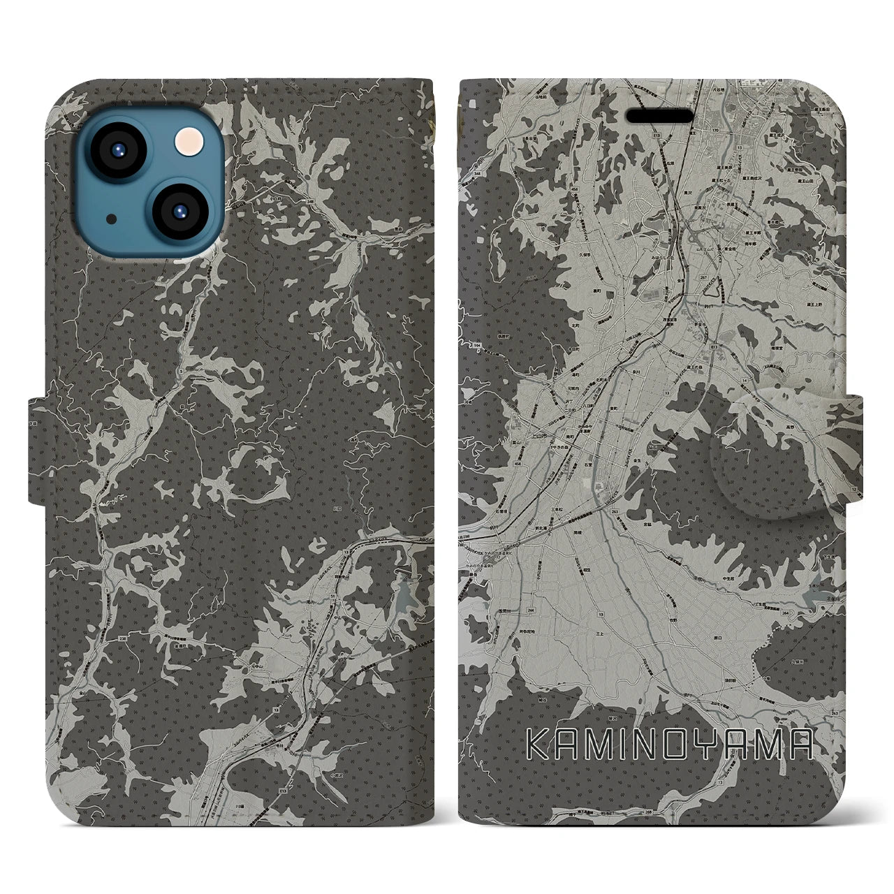 【上山(山形県)】地図柄iPhoneケース(手帳タイプ)モノトーン・iPhone 13 用