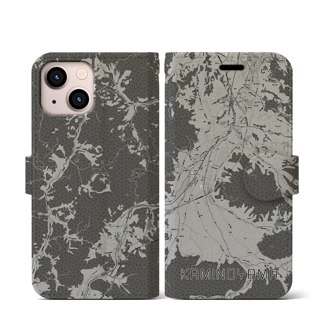 【上山(山形県)】地図柄iPhoneケース(手帳タイプ)モノトーン・iPhone 13 mini 用