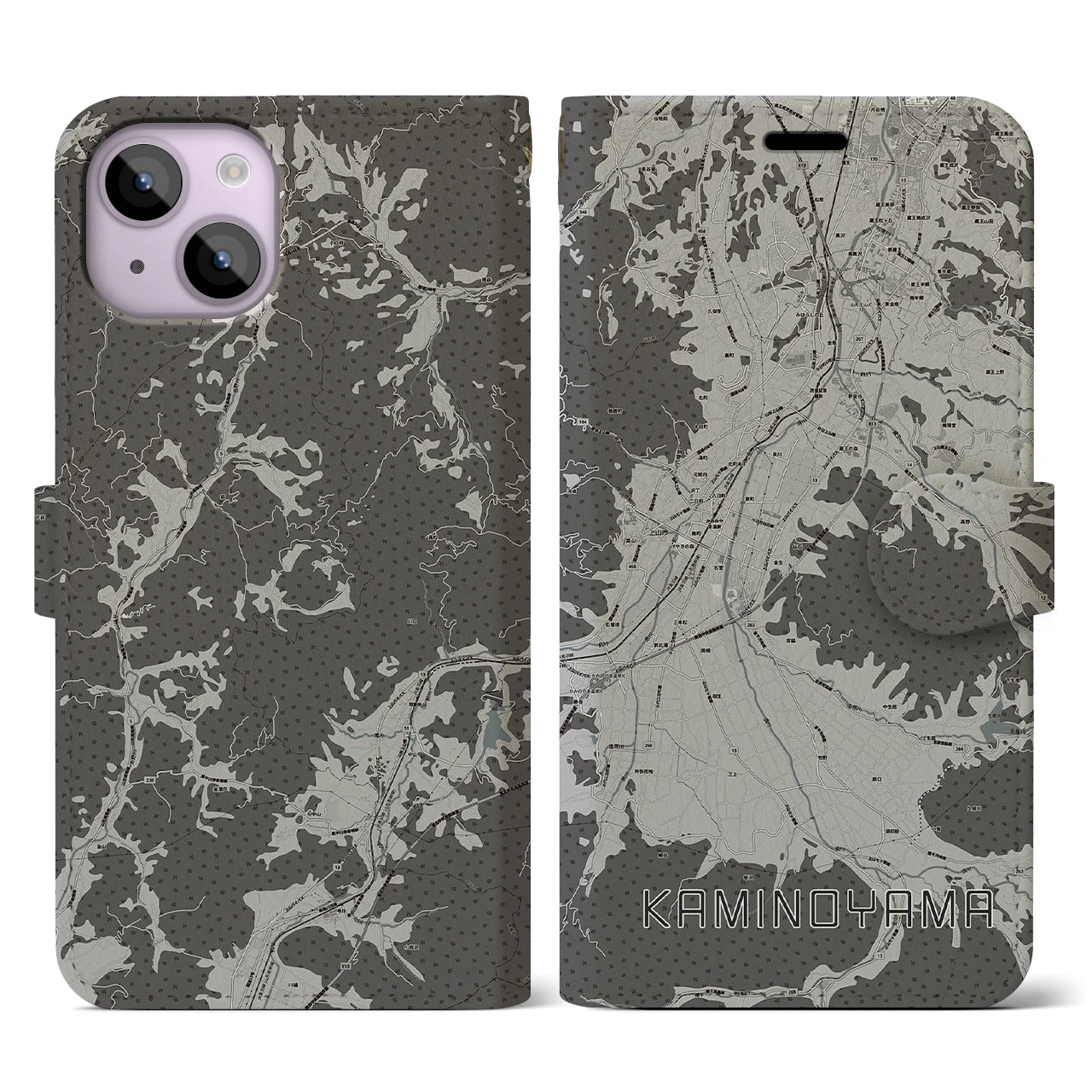 【上山(山形県)】地図柄iPhoneケース(手帳タイプ)モノトーン・iPhone 14 用