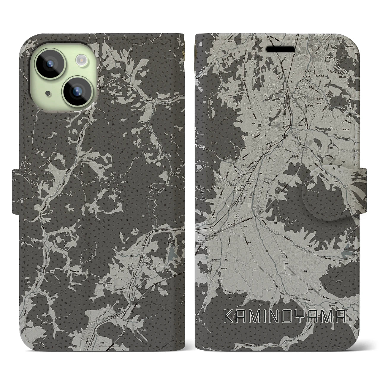【上山(山形県)】地図柄iPhoneケース(手帳タイプ)モノトーン・iPhone 15 用