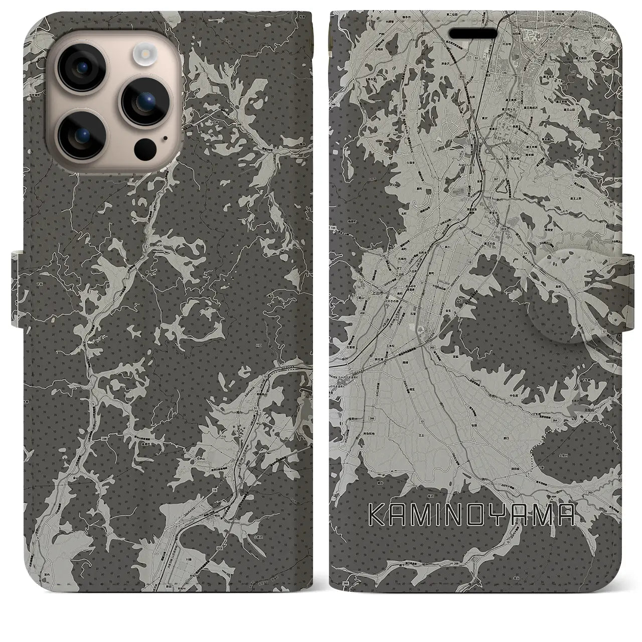 【上山(山形県)】地図柄iPhoneケース(手帳タイプ)モノトーン・iPhone 16 Plus 用