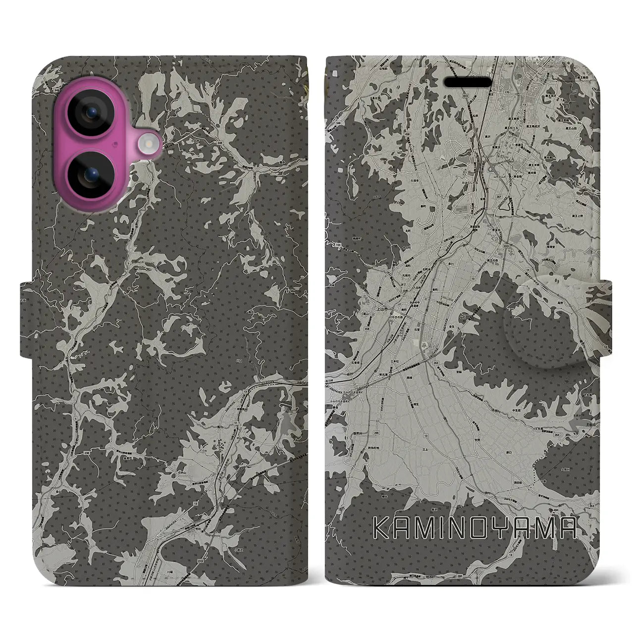 【上山(山形県)】地図柄iPhoneケース(手帳タイプ)モノトーン・iPhone 16 Pro 用