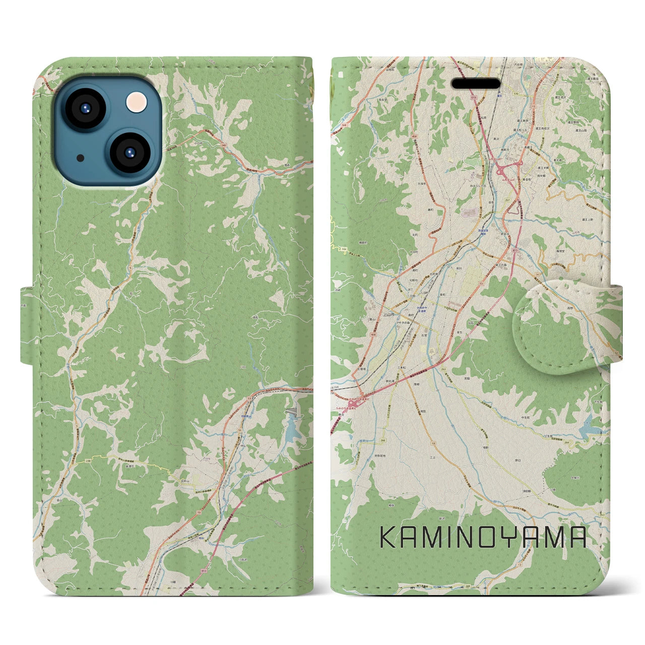 【上山(山形県)】地図柄iPhoneケース(手帳タイプ)ナチュラル・iPhone 13 用