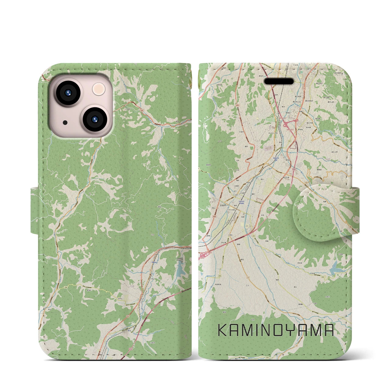 【上山(山形県)】地図柄iPhoneケース(手帳タイプ)ナチュラル・iPhone 13 mini 用