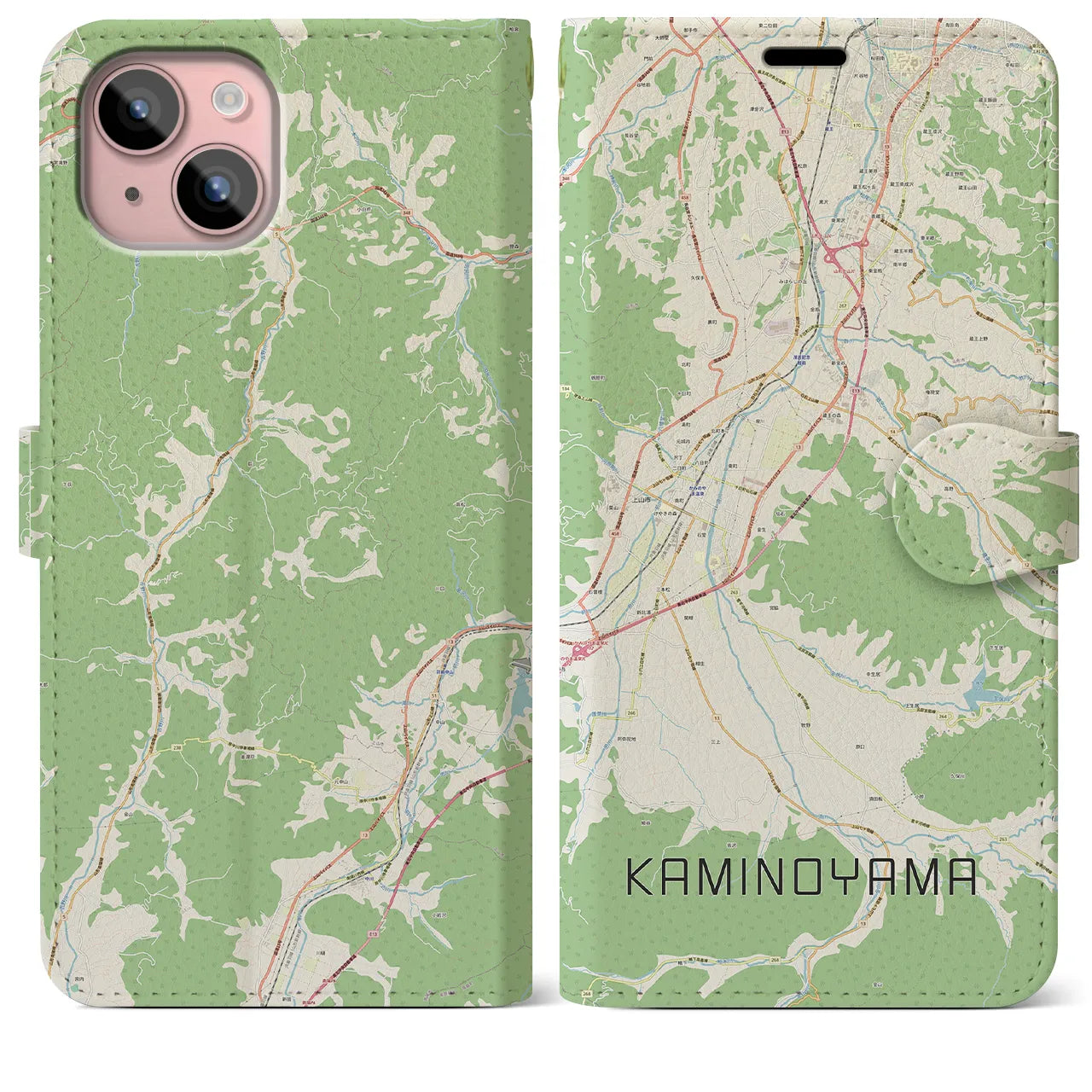 【上山(山形県)】地図柄iPhoneケース(手帳タイプ)ナチュラル・iPhone 15 Plus 用