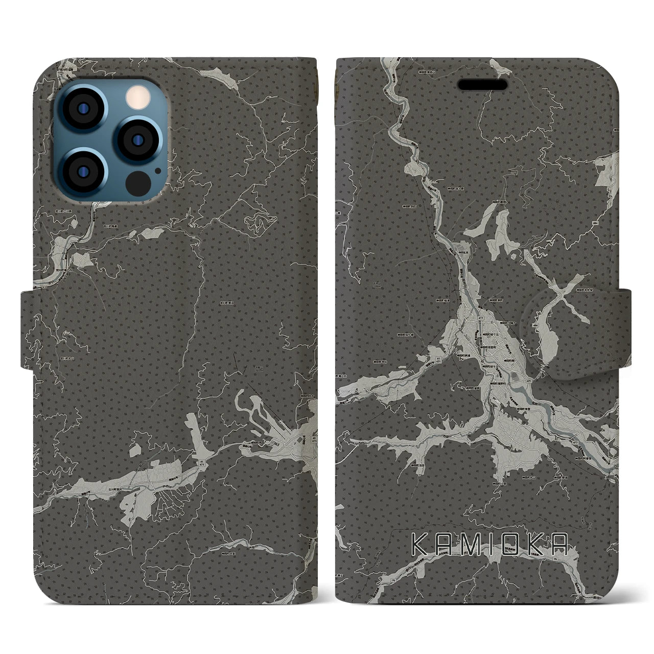 【神岡(岐阜県)】地図柄iPhoneケース(手帳タイプ)モノトーン・iPhone 12 / 12 Pro 用