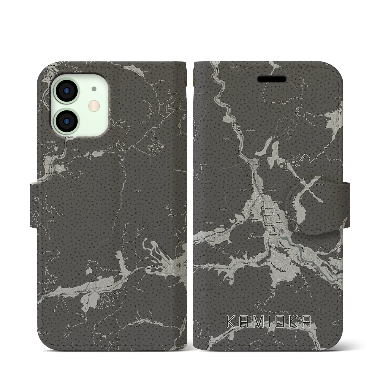 【神岡(岐阜県)】地図柄iPhoneケース(手帳タイプ)モノトーン・iPhone 12 mini 用