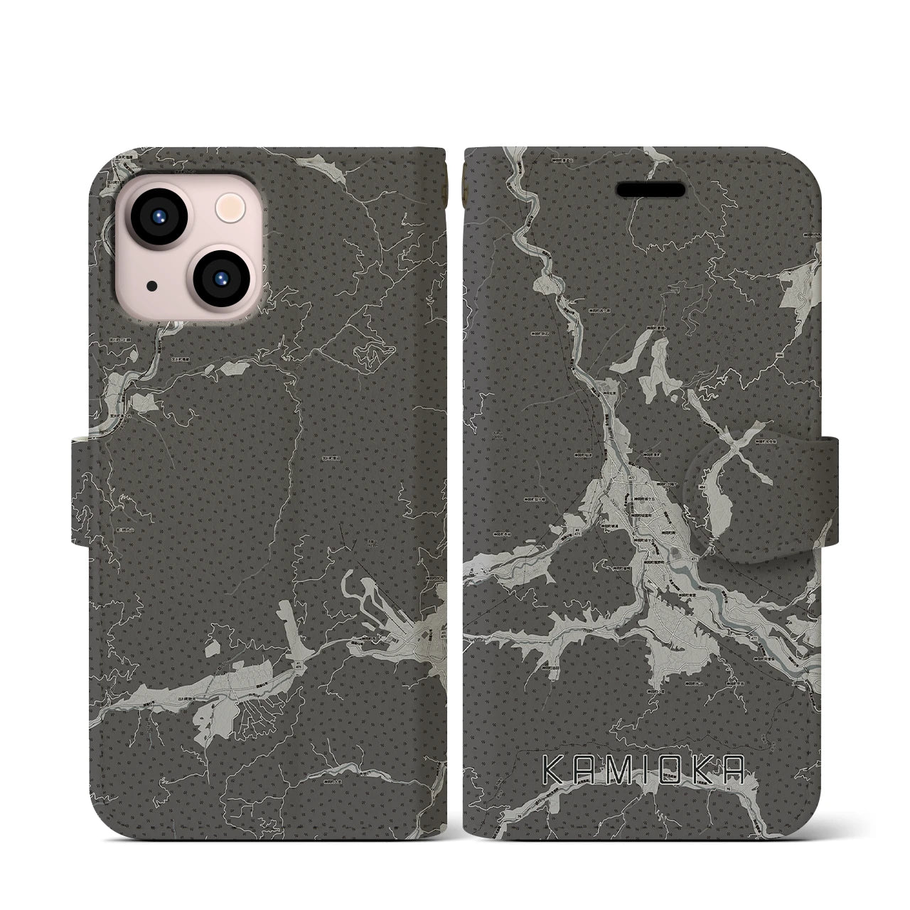 【神岡(岐阜県)】地図柄iPhoneケース(手帳タイプ)モノトーン・iPhone 13 mini 用