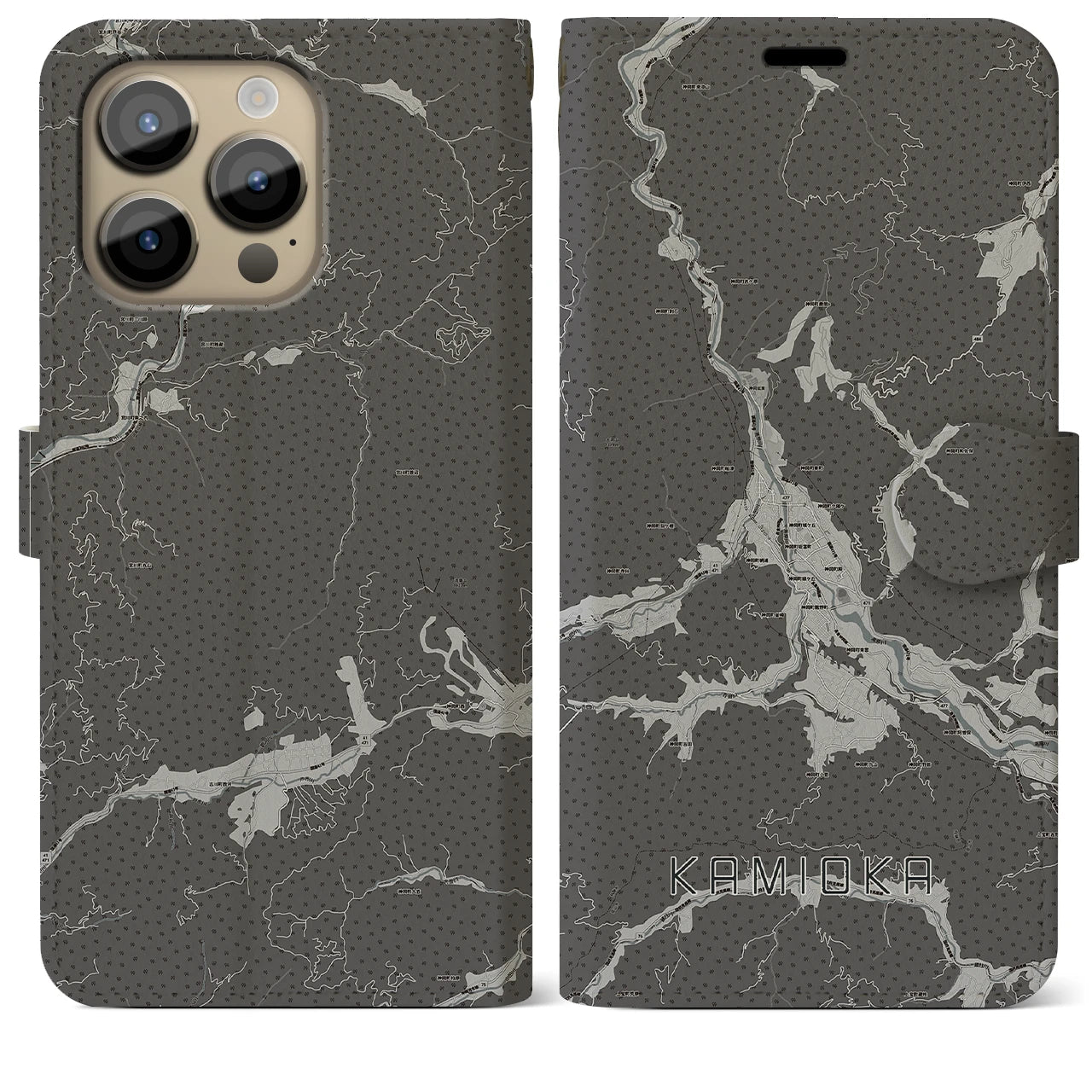 【神岡(岐阜県)】地図柄iPhoneケース(手帳タイプ)モノトーン・iPhone 14 Pro Max 用