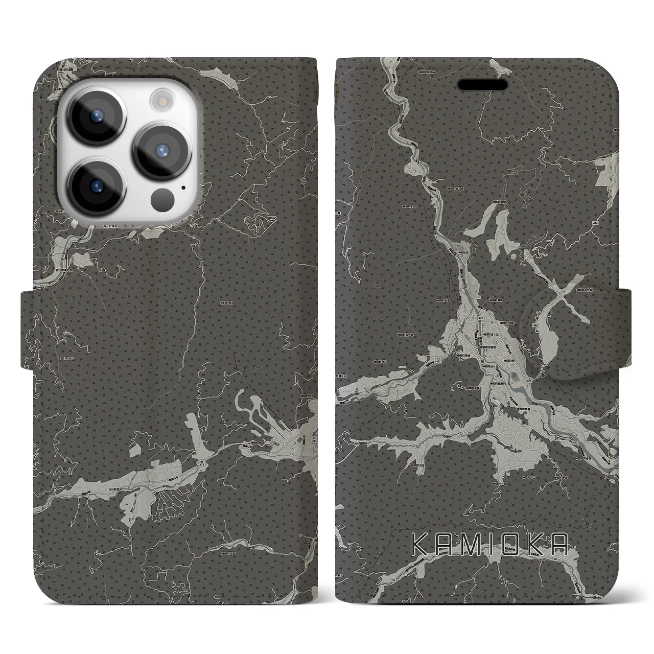 【神岡(岐阜県)】地図柄iPhoneケース(手帳タイプ)モノトーン・iPhone 14 Pro 用