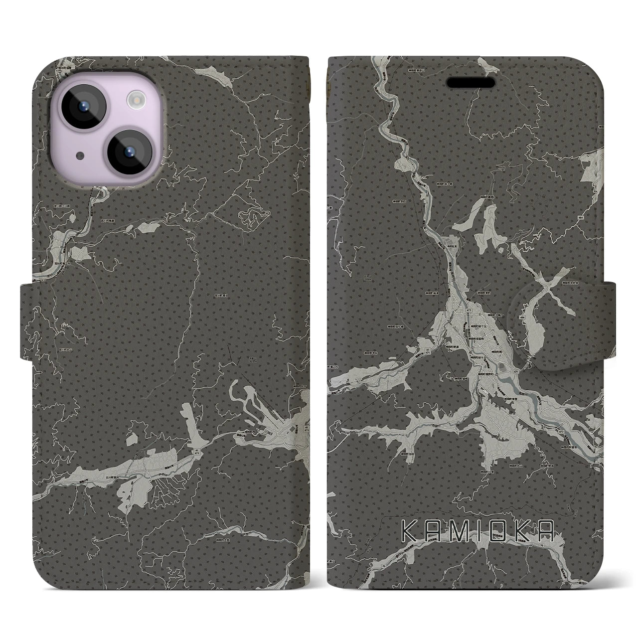 【神岡(岐阜県)】地図柄iPhoneケース(手帳タイプ)モノトーン・iPhone 14 用