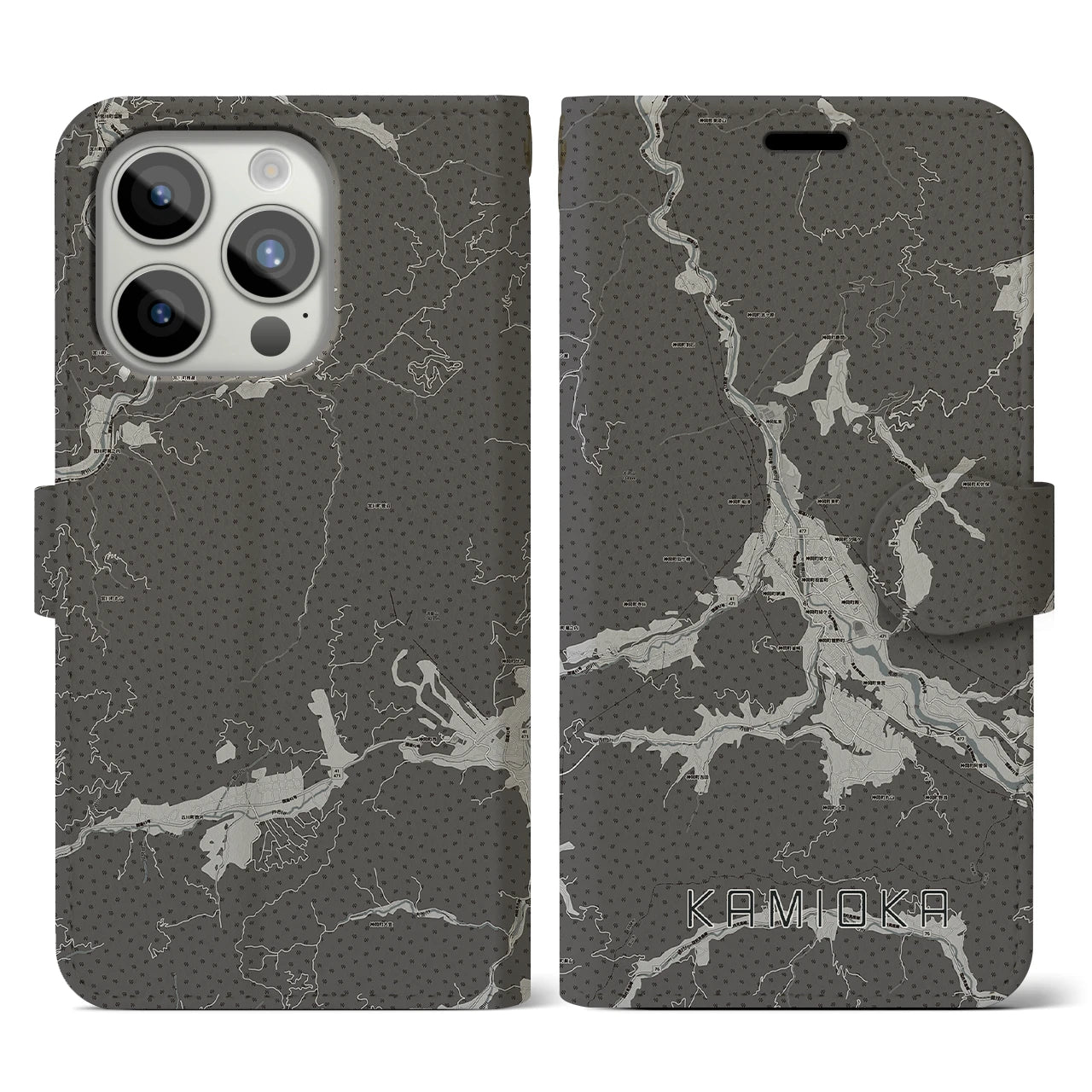 【神岡(岐阜県)】地図柄iPhoneケース(手帳タイプ)モノトーン・iPhone 15 Pro 用