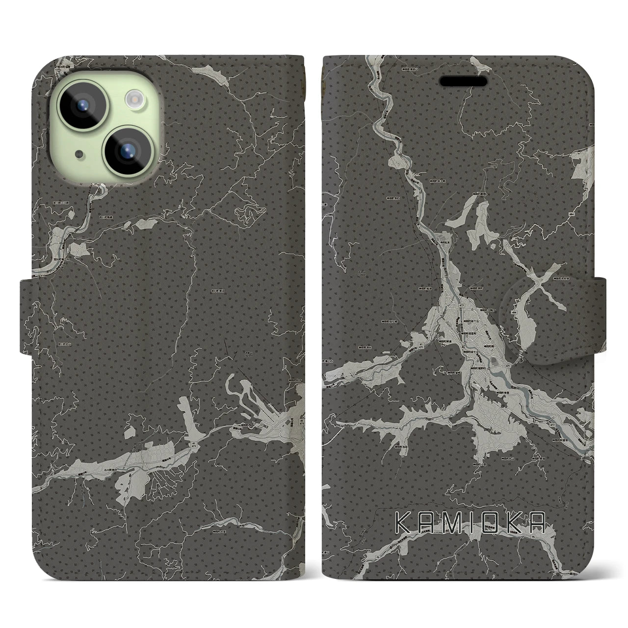 【神岡(岐阜県)】地図柄iPhoneケース(手帳タイプ)モノトーン・iPhone 15 用