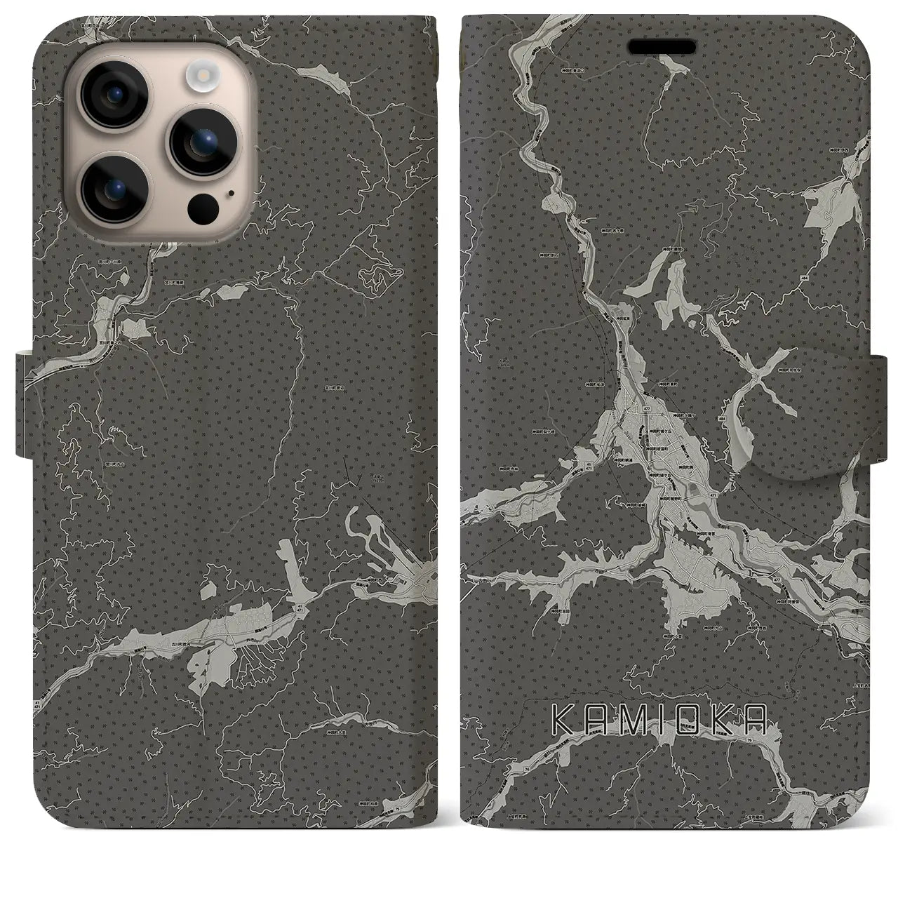 【神岡(岐阜県)】地図柄iPhoneケース(手帳タイプ)モノトーン・iPhone 16 Plus 用