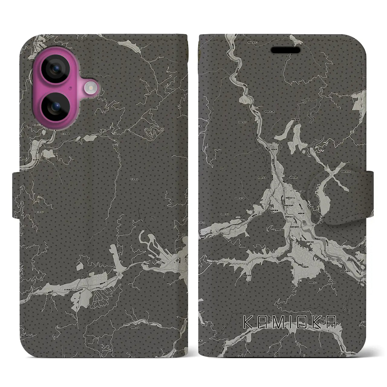 【神岡(岐阜県)】地図柄iPhoneケース(手帳タイプ)モノトーン・iPhone 16 Pro 用