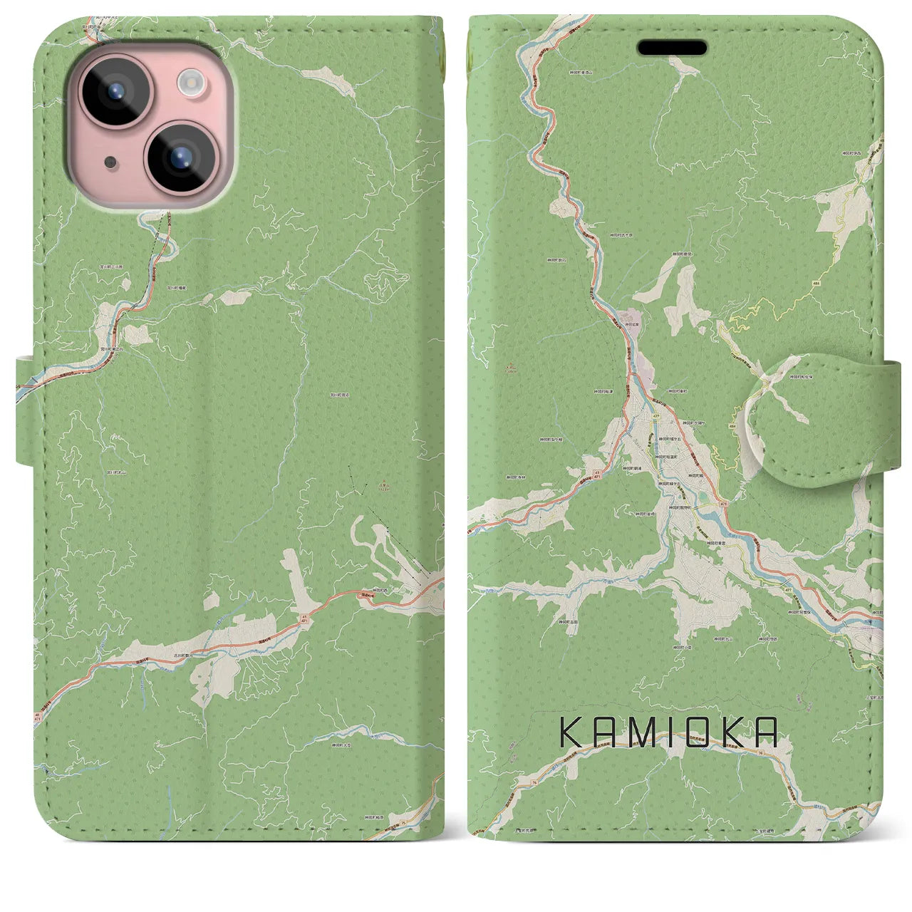 【神岡(岐阜県)】地図柄iPhoneケース(手帳タイプ)ナチュラル・iPhone 15 Plus 用