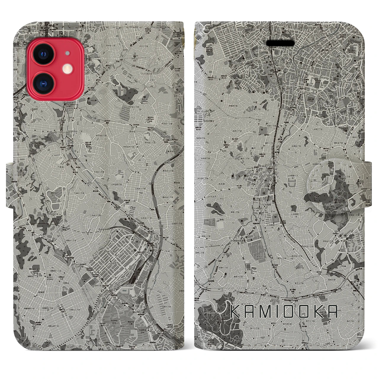 【上大岡(神奈川県)】地図柄iPhoneケース(手帳タイプ)モノトーン・iPhone 11 用