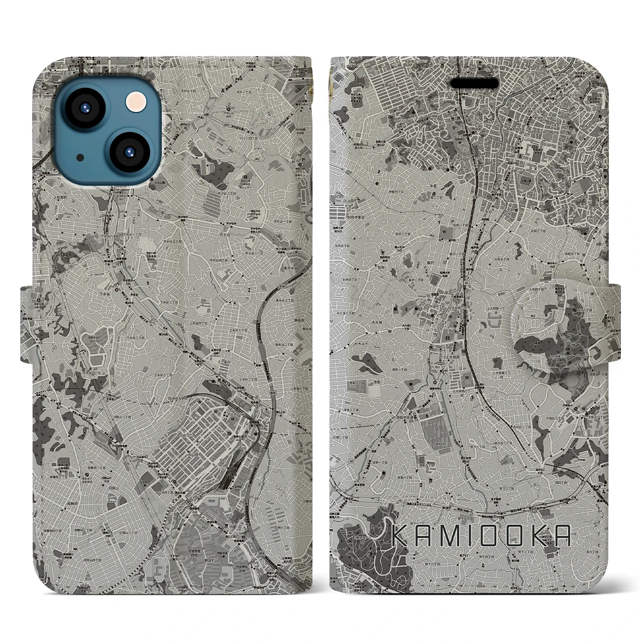 【上大岡(神奈川県)】地図柄iPhoneケース(手帳タイプ)モノトーン・iPhone 13 用