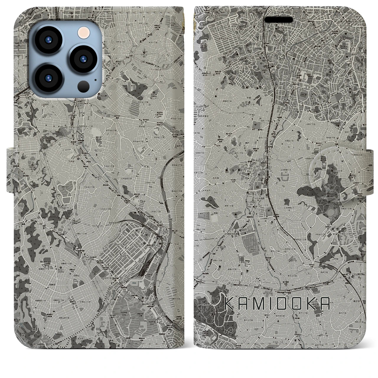 【上大岡(神奈川県)】地図柄iPhoneケース(手帳タイプ)モノトーン・iPhone 13 Pro Max 用