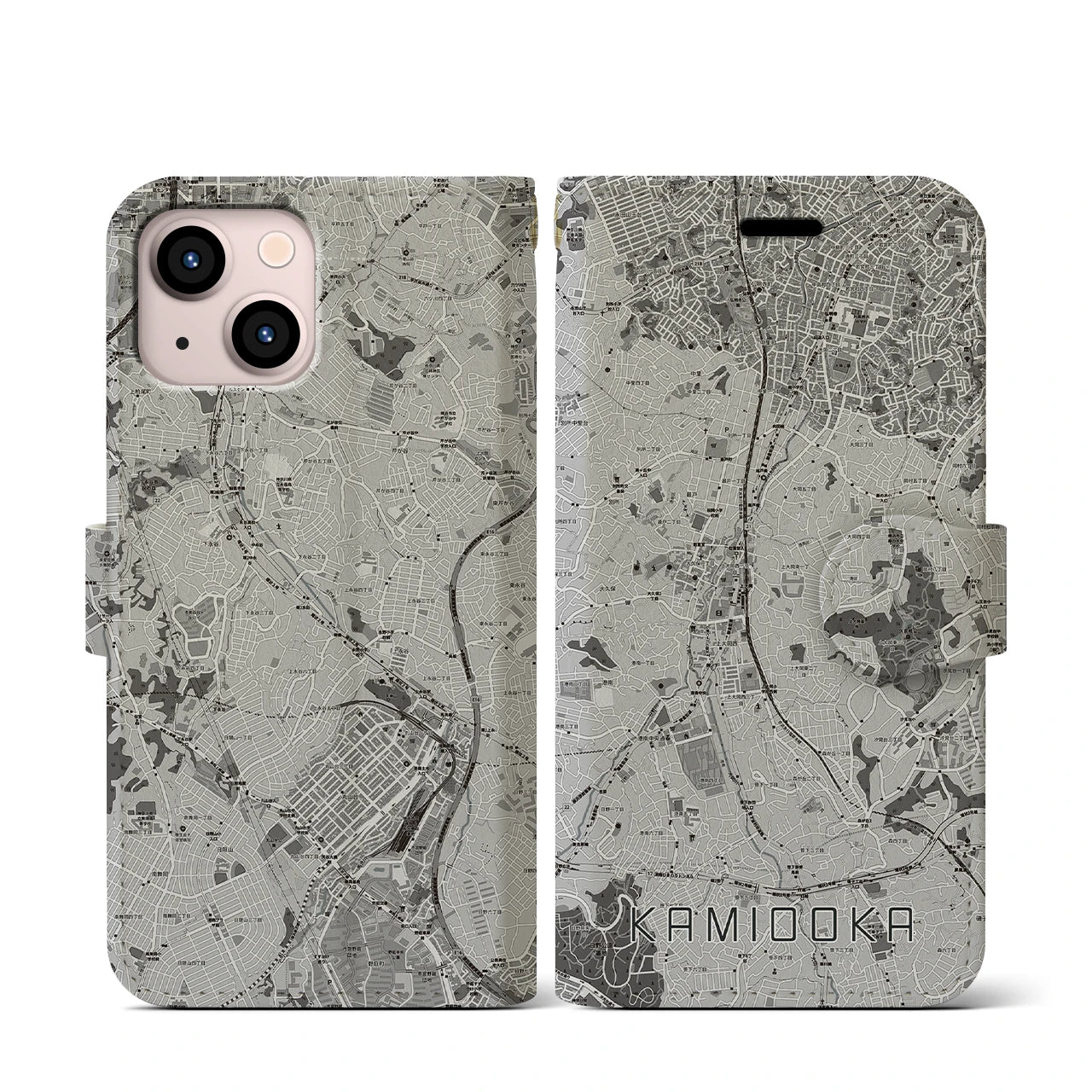 【上大岡(神奈川県)】地図柄iPhoneケース(手帳タイプ)モノトーン・iPhone 13 mini 用