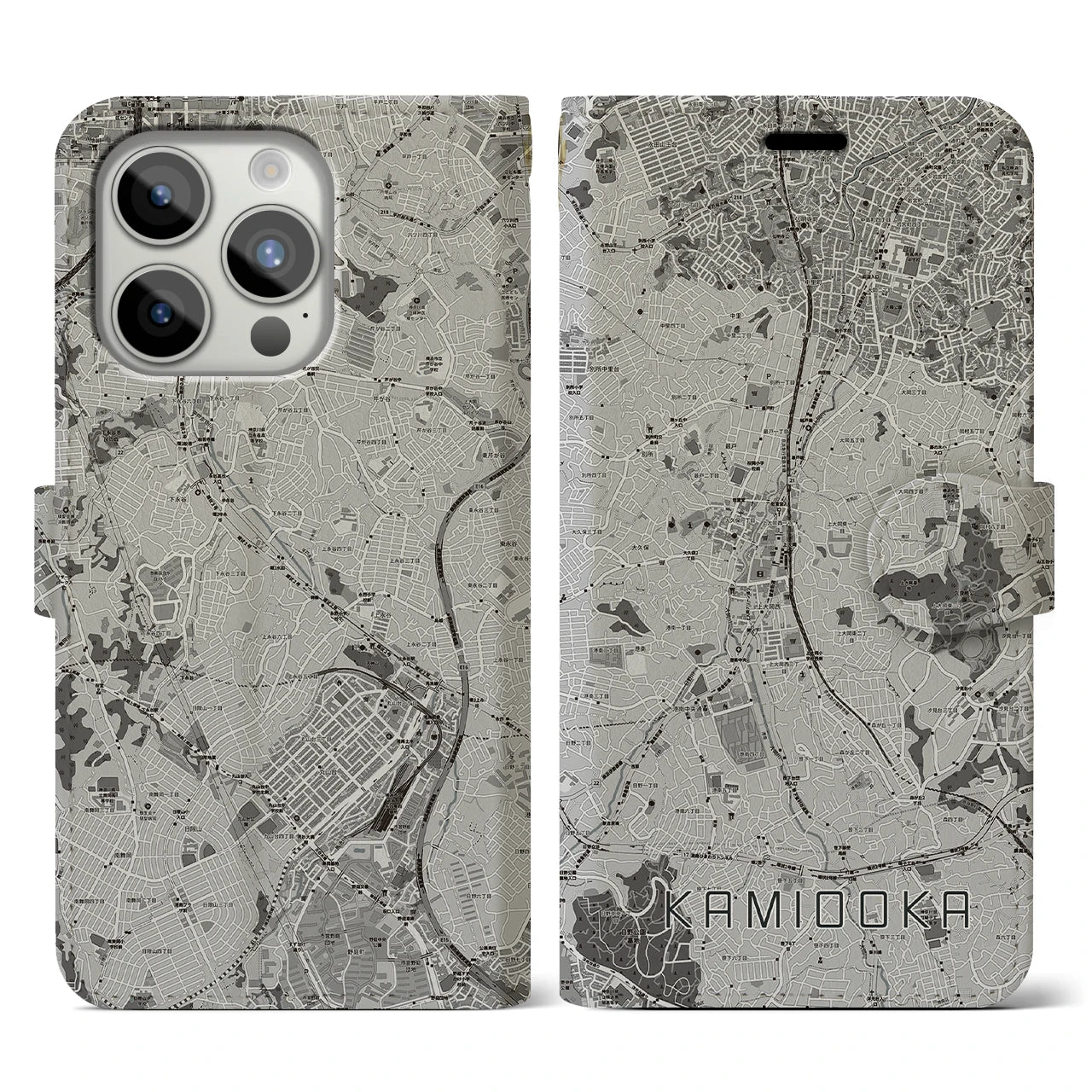 【上大岡(神奈川県)】地図柄iPhoneケース(手帳タイプ)モノトーン・iPhone 15 Pro 用