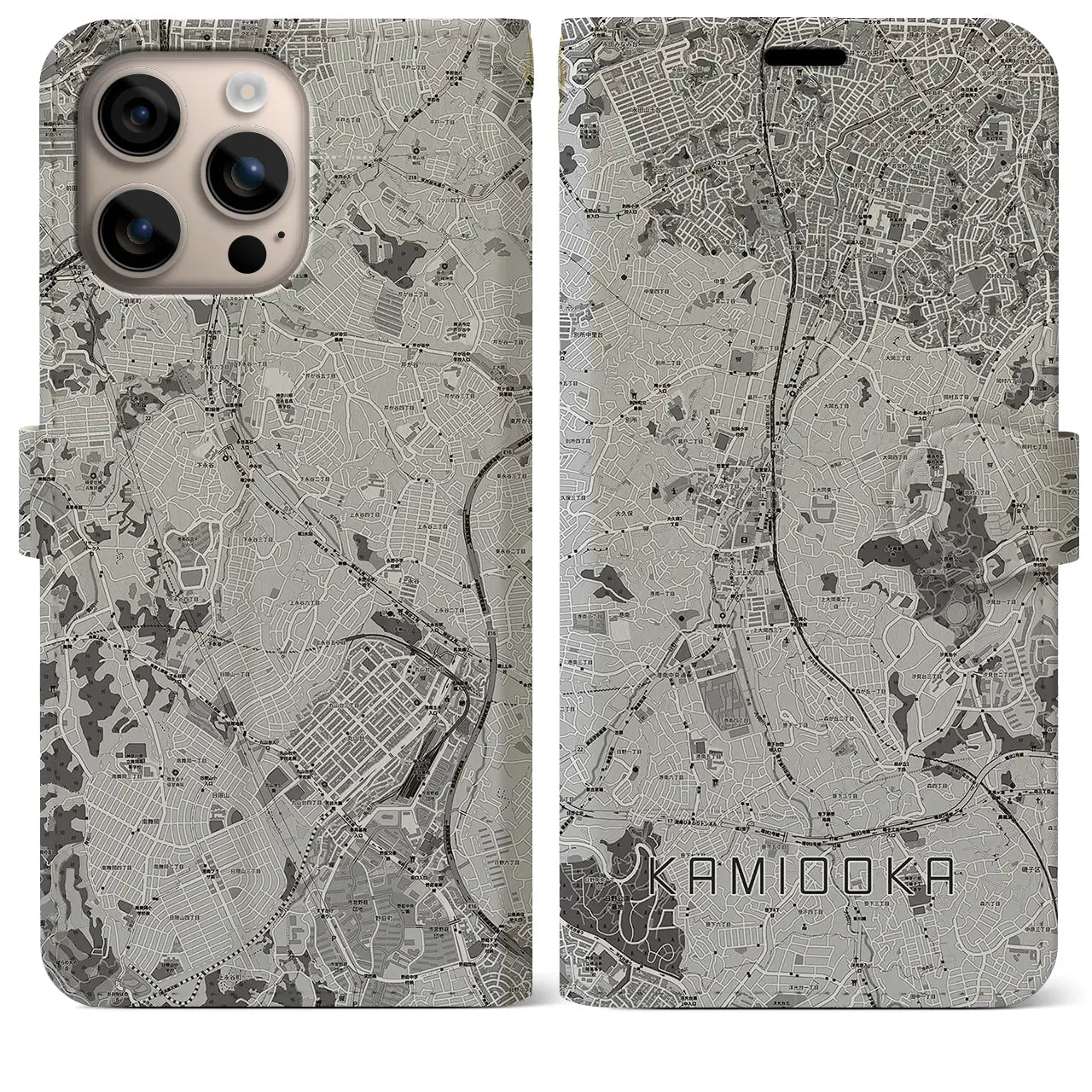 【上大岡(神奈川県)】地図柄iPhoneケース(手帳タイプ)モノトーン・iPhone 16 Plus 用