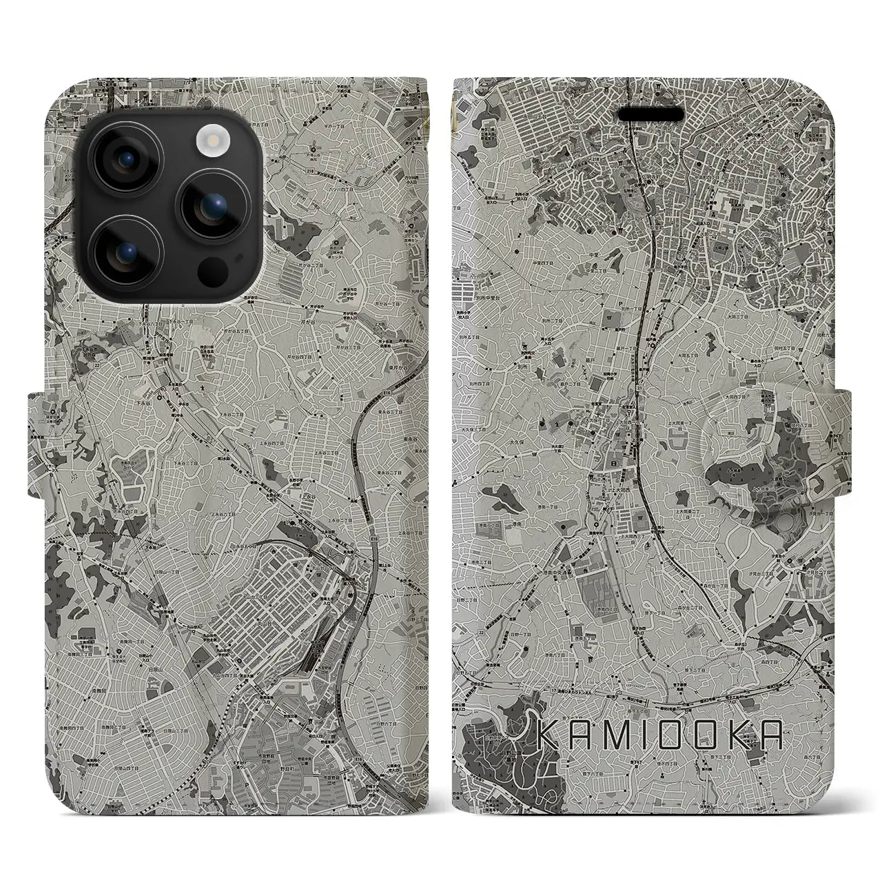 【上大岡(神奈川県)】地図柄iPhoneケース(手帳タイプ)モノトーン・iPhone 16 用