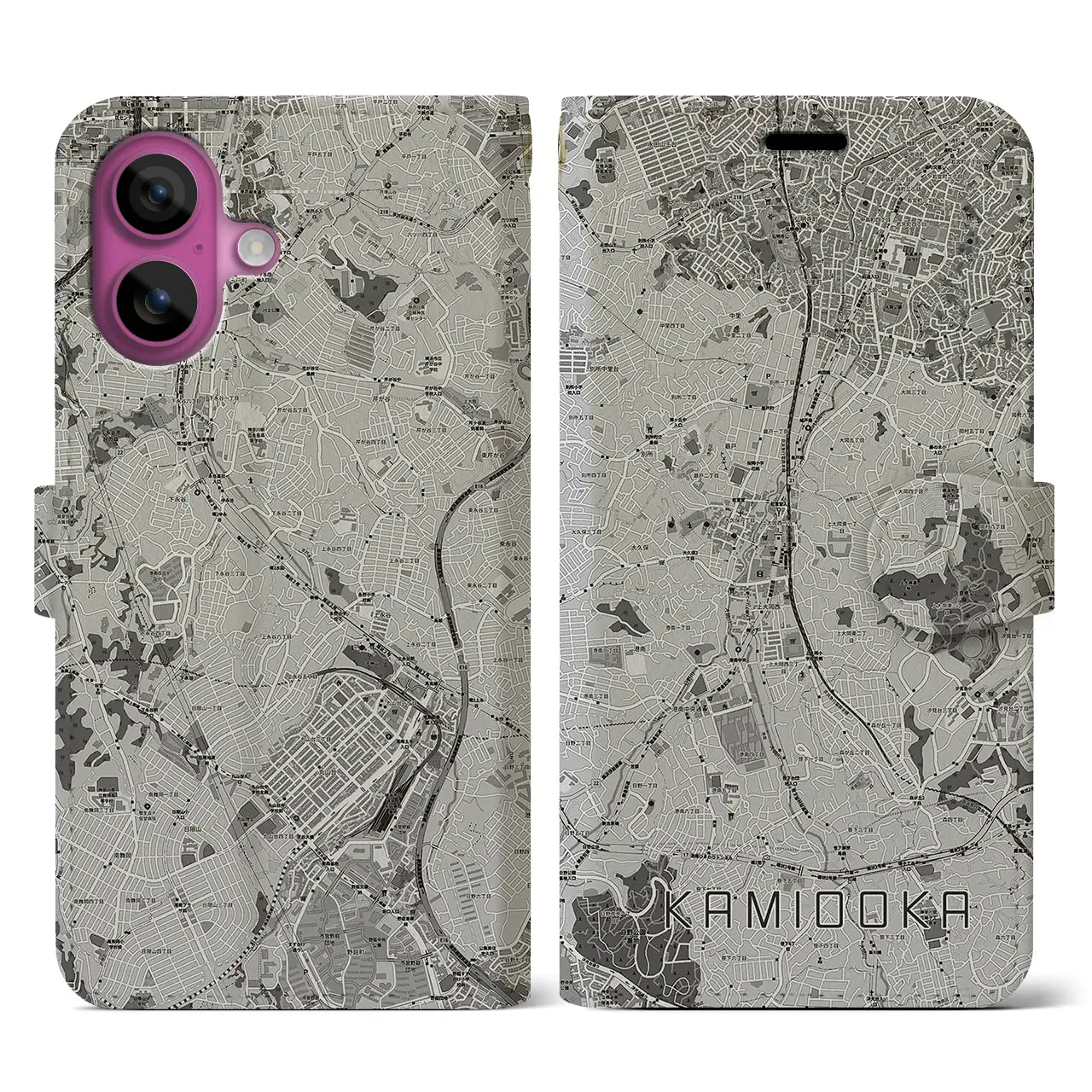 【上大岡(神奈川県)】地図柄iPhoneケース(手帳タイプ)モノトーン・iPhone 16 Pro 用