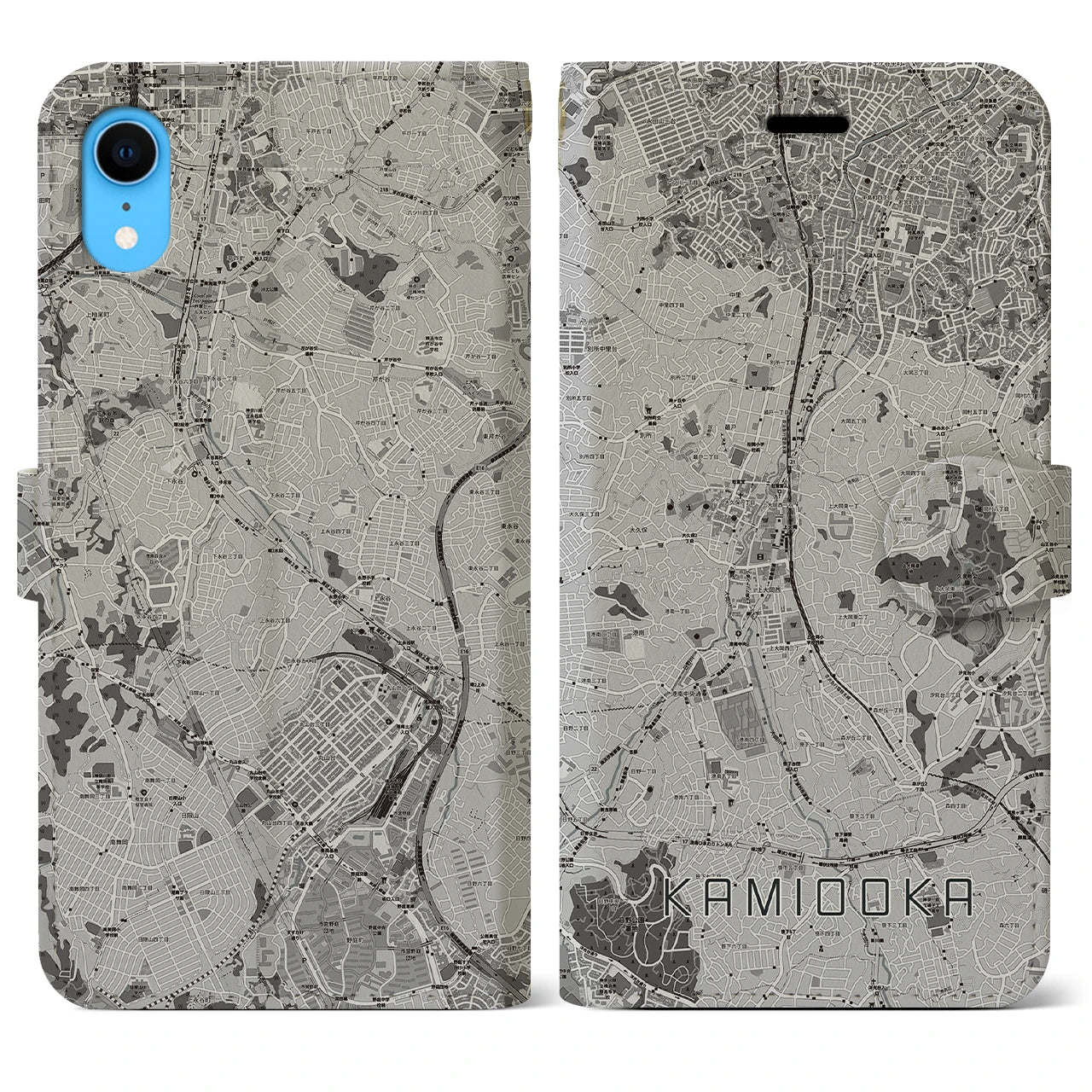 【上大岡(神奈川県)】地図柄iPhoneケース(手帳タイプ)モノトーン・iPhone XR 用