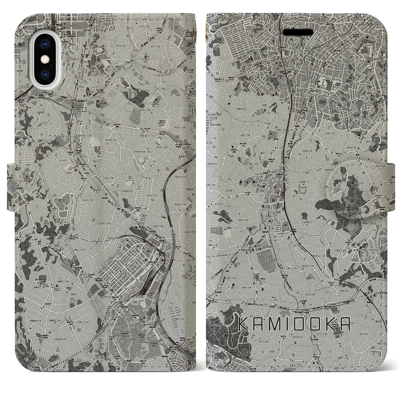 【上大岡(神奈川県)】地図柄iPhoneケース(手帳タイプ)モノトーン・iPhone XS Max 用