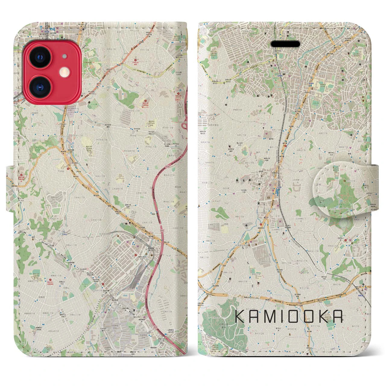 【上大岡(神奈川県)】地図柄iPhoneケース(手帳タイプ)ナチュラル・iPhone 11 用