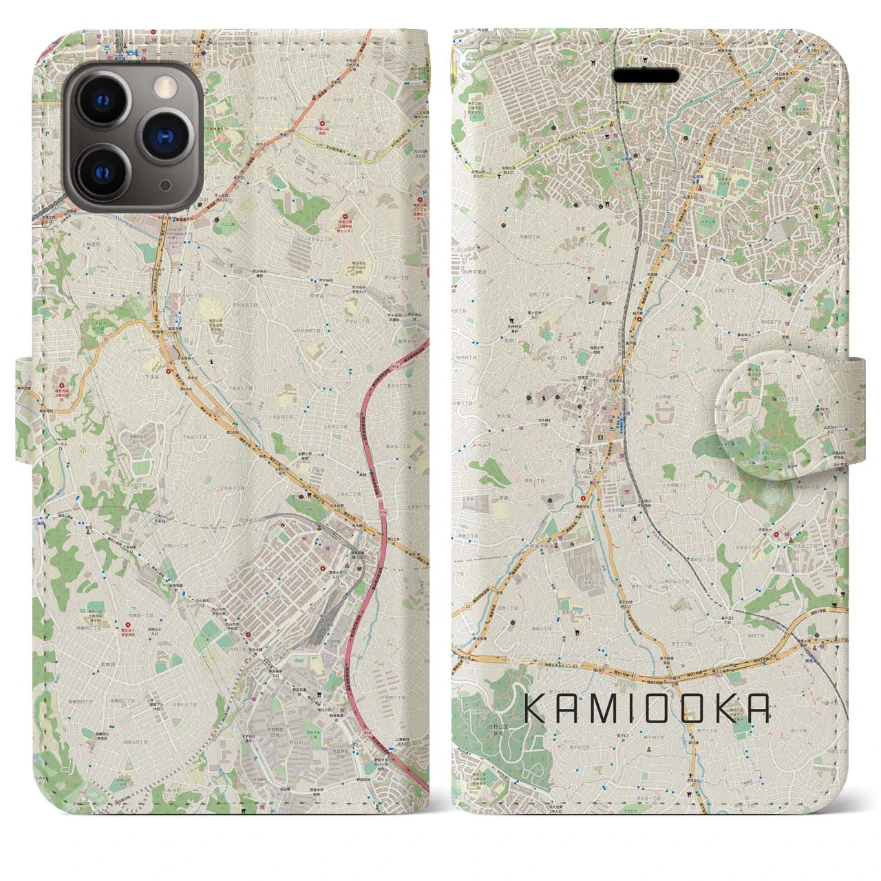 【上大岡(神奈川県)】地図柄iPhoneケース(手帳タイプ)ナチュラル・iPhone 11 Pro Max 用