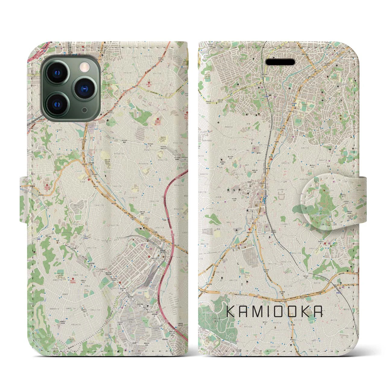 【上大岡(神奈川県)】地図柄iPhoneケース(手帳タイプ)ナチュラル・iPhone 11 Pro 用