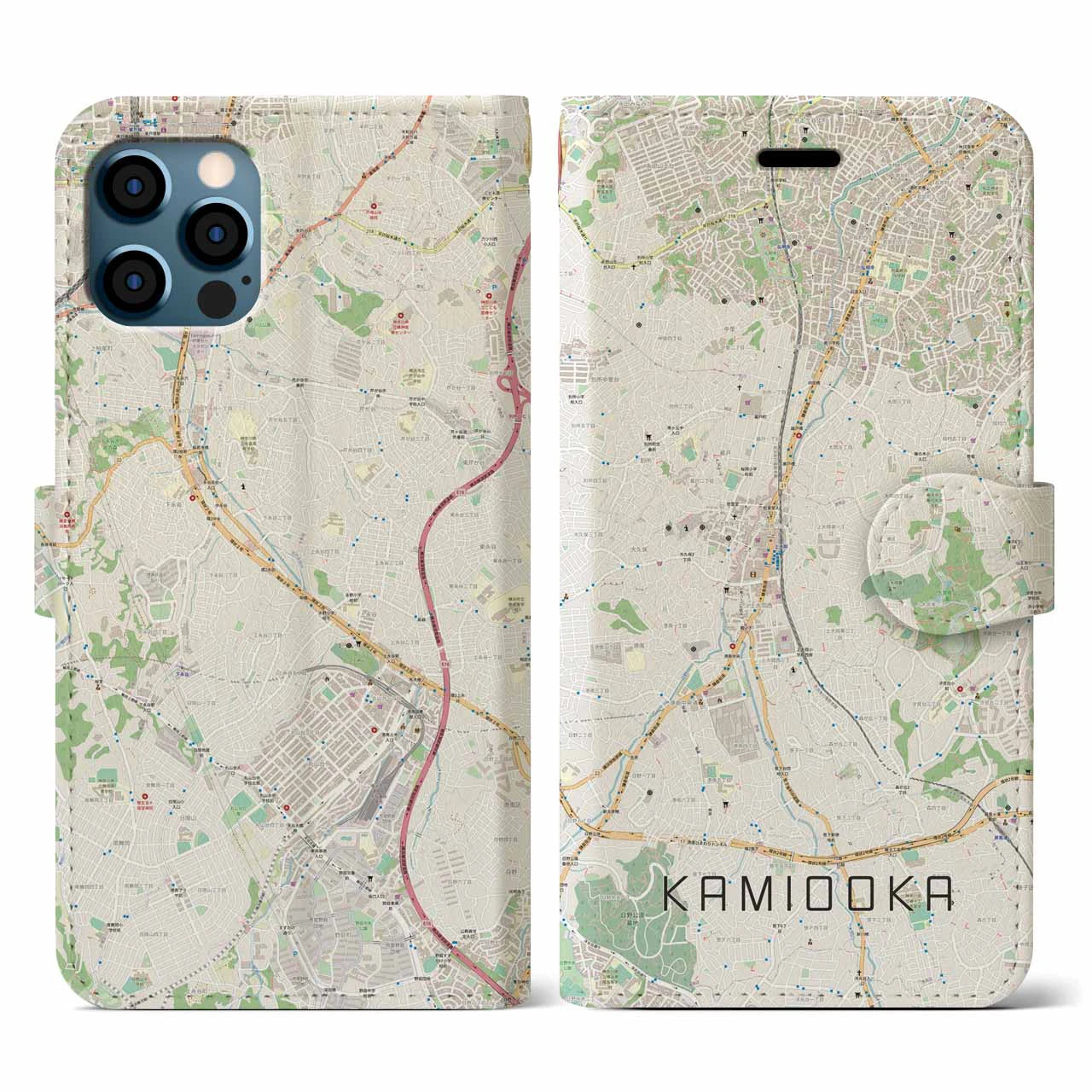 【上大岡(神奈川県)】地図柄iPhoneケース(手帳タイプ)ナチュラル・iPhone 12 / 12 Pro 用