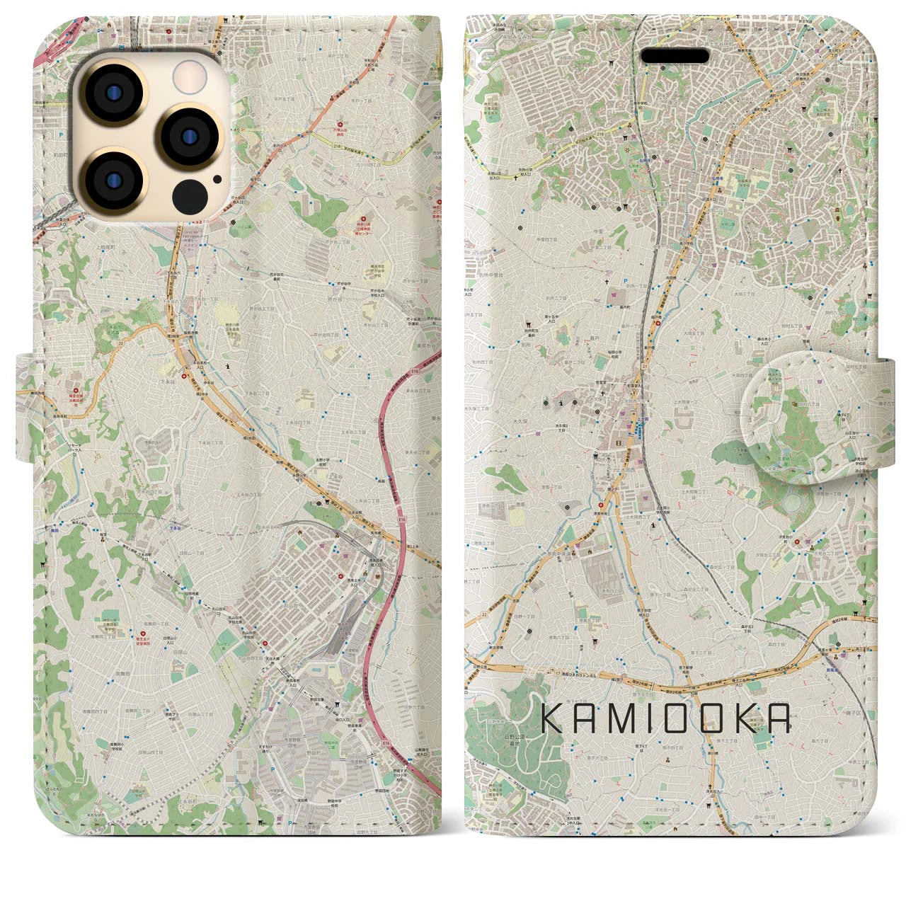 【上大岡(神奈川県)】地図柄iPhoneケース(手帳タイプ)ナチュラル・iPhone 12 Pro Max 用