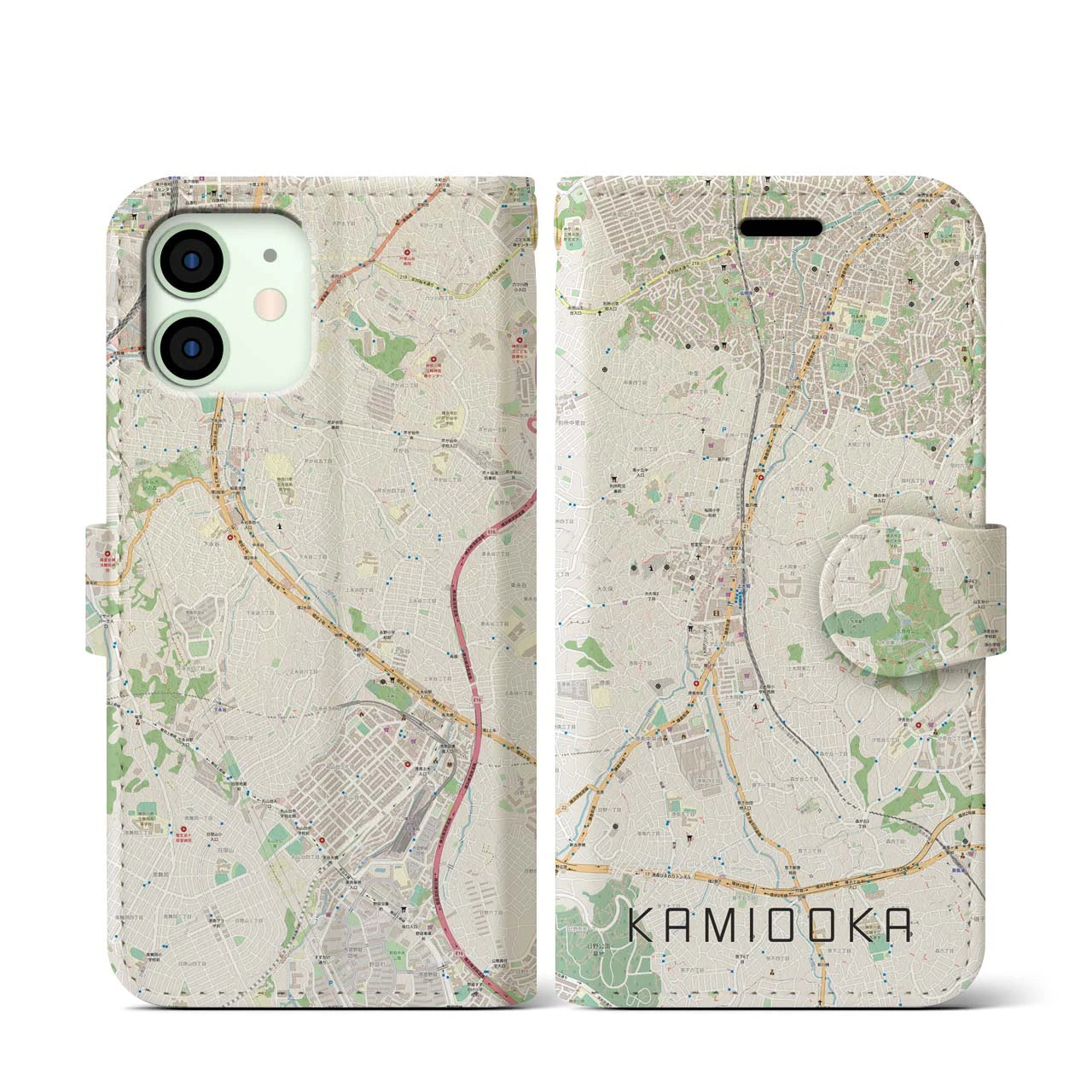 【上大岡(神奈川県)】地図柄iPhoneケース(手帳タイプ)ナチュラル・iPhone 12 mini 用