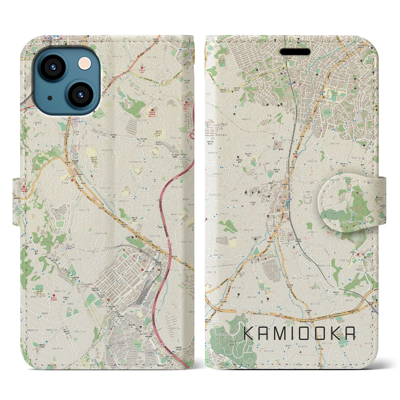 【上大岡(神奈川県)】地図柄iPhoneケース(手帳タイプ)ナチュラル・iPhone 13 用