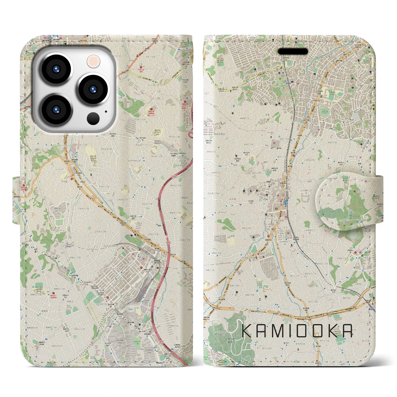 【上大岡(神奈川県)】地図柄iPhoneケース(手帳タイプ)ナチュラル・iPhone 13 Pro 用