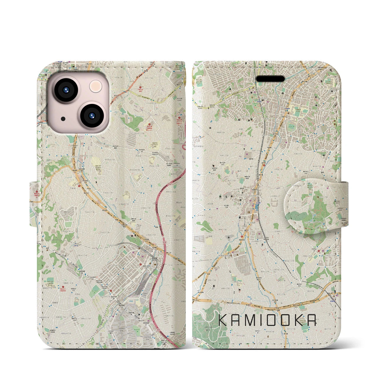 【上大岡(神奈川県)】地図柄iPhoneケース(手帳タイプ)ナチュラル・iPhone 13 mini 用