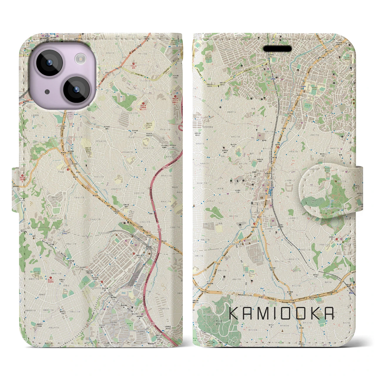 【上大岡(神奈川県)】地図柄iPhoneケース(手帳タイプ)ナチュラル・iPhone 14 用