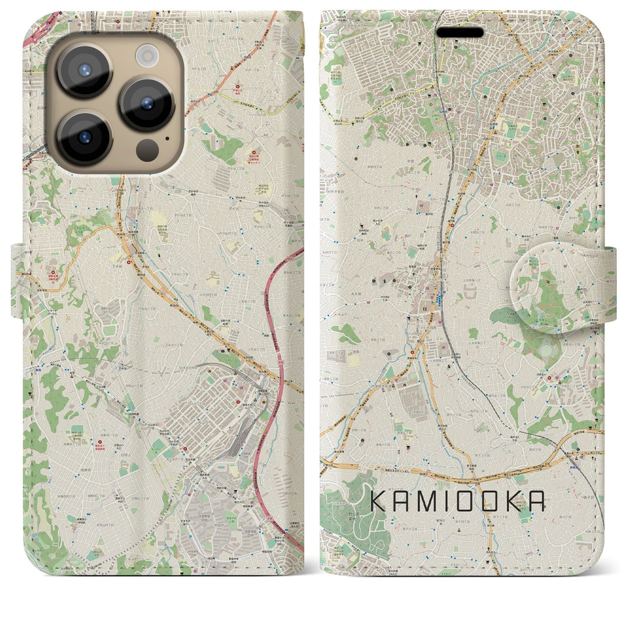 【上大岡(神奈川県)】地図柄iPhoneケース(手帳タイプ)ナチュラル・iPhone 14 Pro Max 用