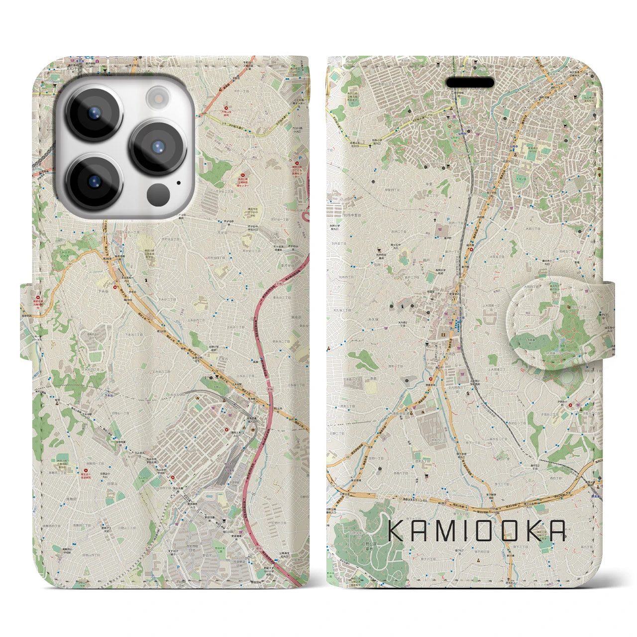 【上大岡(神奈川県)】地図柄iPhoneケース(手帳タイプ)ナチュラル・iPhone 14 Pro 用