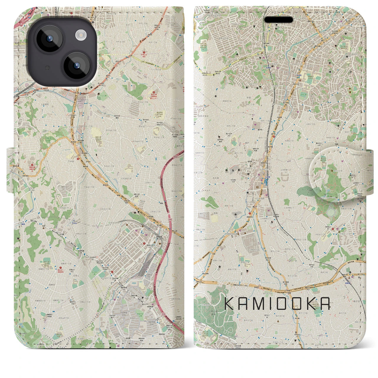 【上大岡(神奈川県)】地図柄iPhoneケース(手帳タイプ)ナチュラル・iPhone 14 Plus 用