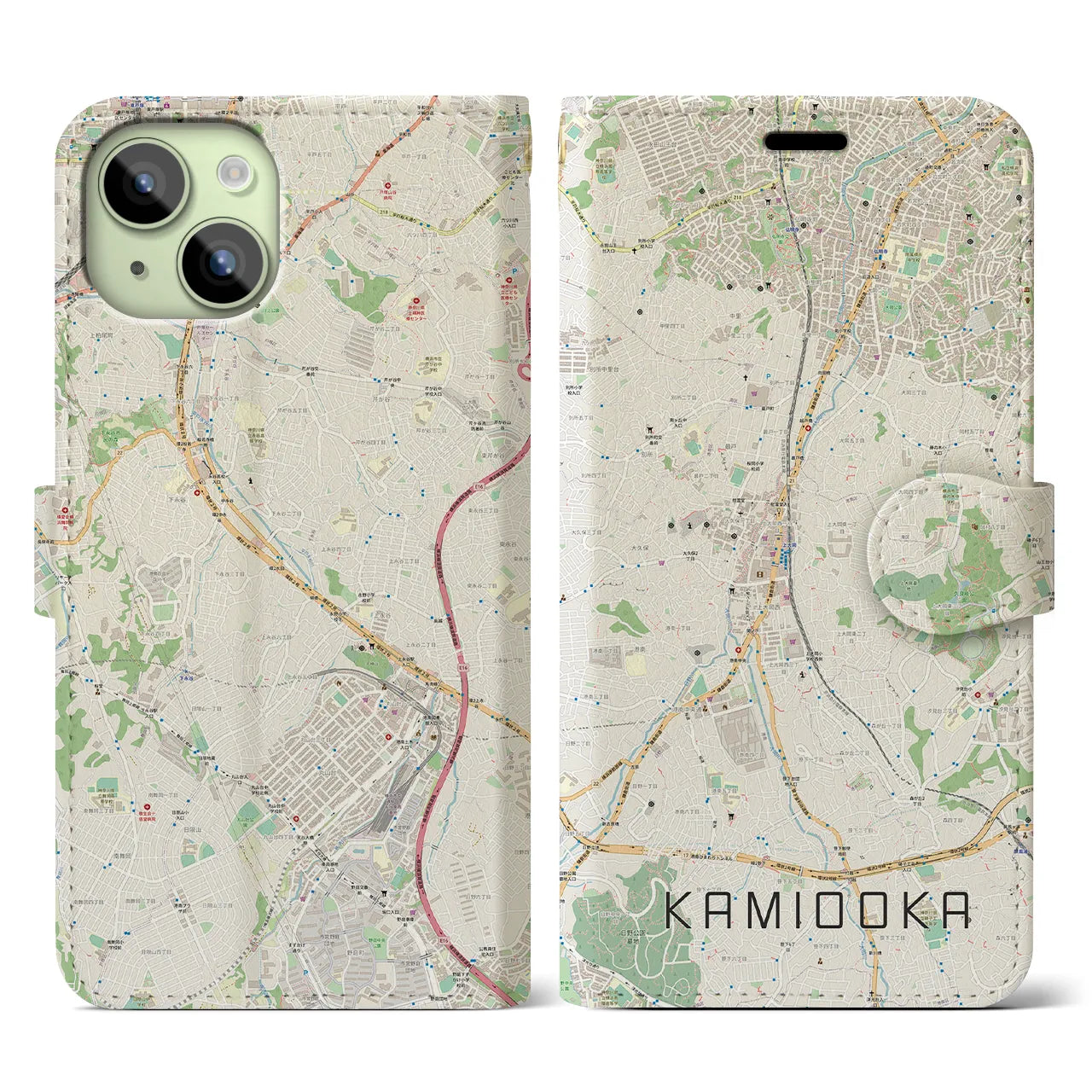 【上大岡(神奈川県)】地図柄iPhoneケース(手帳タイプ)ナチュラル・iPhone 15 用