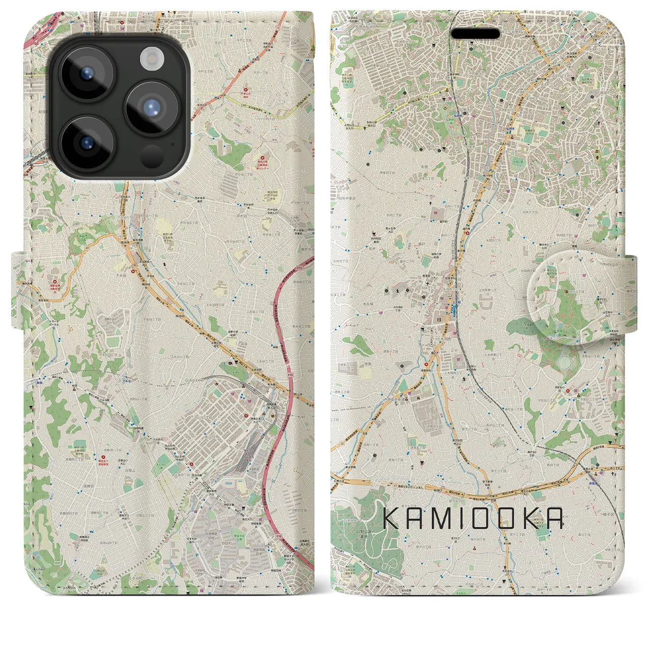 【上大岡(神奈川県)】地図柄iPhoneケース(手帳タイプ)ナチュラル・iPhone 15 Pro Max 用