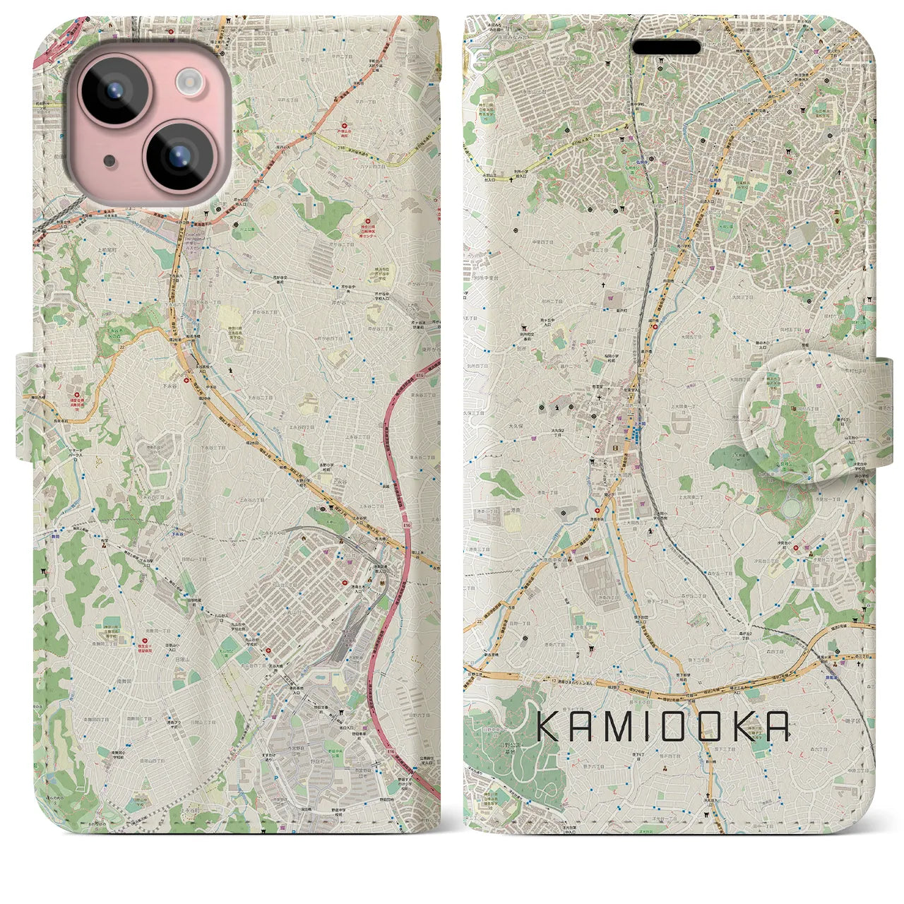 【上大岡(神奈川県)】地図柄iPhoneケース(手帳タイプ)ナチュラル・iPhone 15 Plus 用