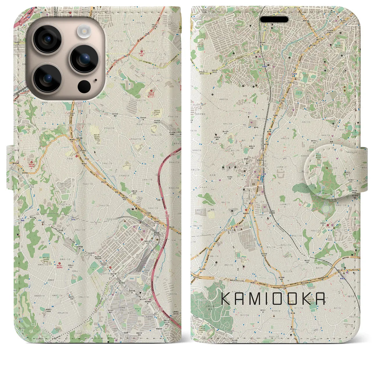 【上大岡(神奈川県)】地図柄iPhoneケース(手帳タイプ)ナチュラル・iPhone 16 Plus 用